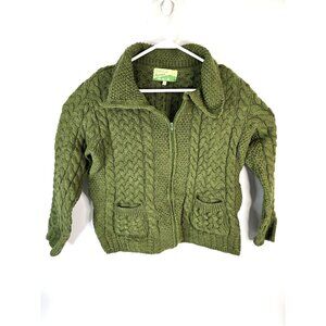 Shades Of Aran Ireland New Merino Wool Green Zip Up Sweater Women's Size M